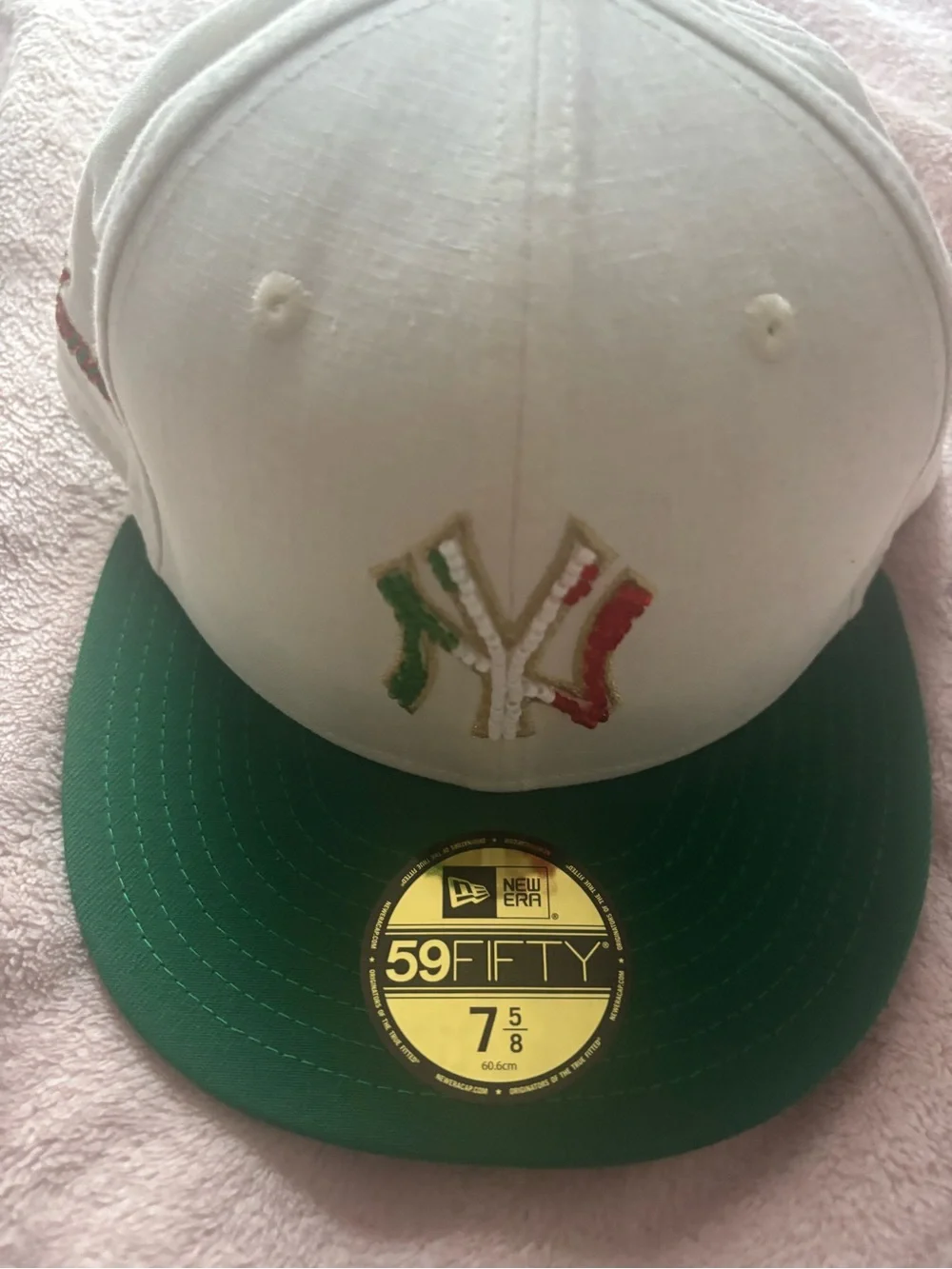 New Era White and Green NY Yankees Fitted Cap with Red Accent